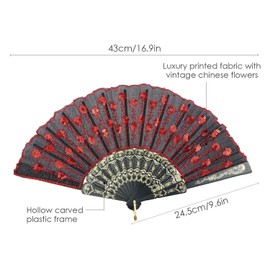 INNOLIFE Elegant Colorful Embroidered Flower Peacock Pattern Sequin Fabric Folding Handheld Hand Fan Hand-Crafted (A-Red)