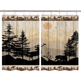 NYMB Cabin Window Curtains, Rustic Window Drapes, Cute Bear Deer Forest Print on Country Farmhouse Lodge Wooden Board Draperies for Kitchen Bedroom Window Treatment with Hooks, 42X45inch, 2PC Panels
