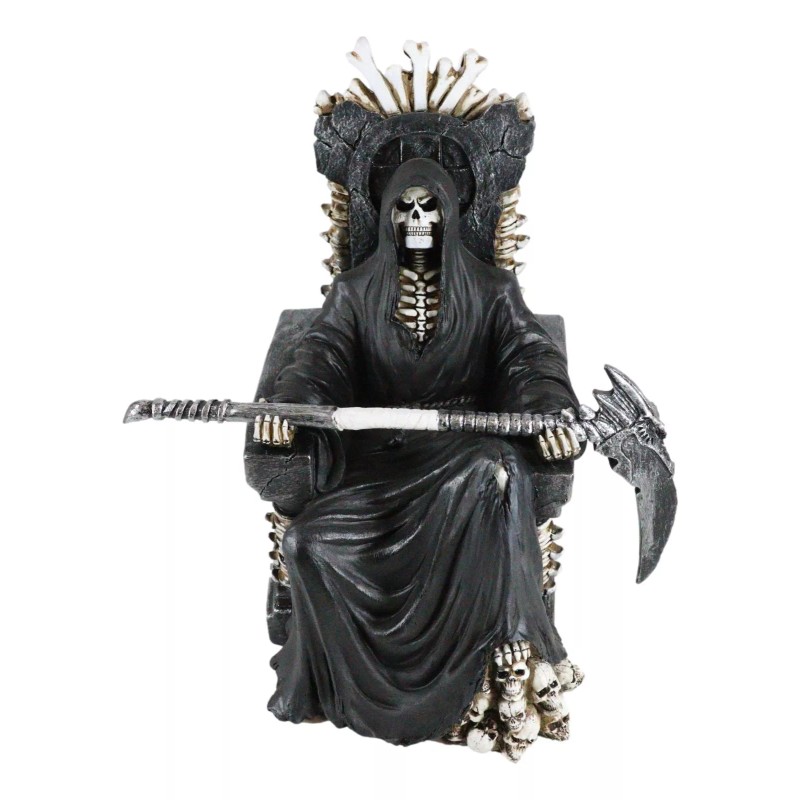 Black Holy Death Grim Reaper Sitting On Skeleton Skull Throne