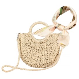 Womens Straw Beach Bag Woven Crossbody Shoulder Bags with Silk Scarf for Summer Beach Purses (Beige)