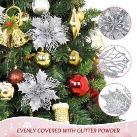 Waipfaru 12 Pcs Poinsettias Artificial Christmas Flowers, Silver Christmas Tree Decorations, White Glitter Christmas Ornaments for Xmas Wreath Garland Winter Wedding Decor