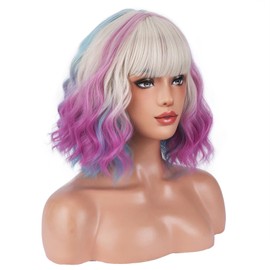 BERON Women Rainbow Short Curly Wavy Wig with Bangs Colorful Curly Bob Girls Hair Heat Resistant Synthetic Wigs for Cosplay Costume Party or Daily