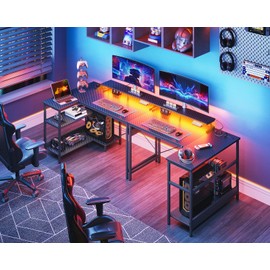 ODK 40 Inch Gaming Desk with USB Power Outlets and LED Lights, Reversible L Shaped Computer Desk with Storage Shelves & Monitor Stand, Corner Home Office Desk Table, Carbon Fiber Surface, Black