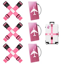 Pack of 6 Luggage Straps with Address Label + 3 Luggage Tags with Address Label, Suitcase Strap, Suitcase Strap, Suitcase Strap, Cross Strap (6 Pink)