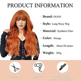OUFEI OUFEI Long Wavy Orange Wigs With Bangs for Women Natural Synthetic Hair Heat Resistant Wigs for Daily Party Cosplay Wear-28 Inches