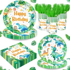 120pcs Dinosaur Plates Napkins Watercolor Dino Birthday Party Supplies Paper Cups Green Forks Disposable Tableware Set for Dinosaur Theme Boys Birthday Party Supplies Serves 24 Guest