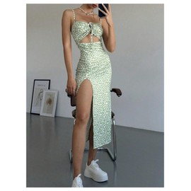 Milumia Women's Ditsy Floral Tie Front Cami Dress Sexy Cut Out Split Thigh Midi Dresses Green Small