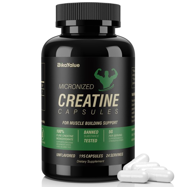 BIKAYALUE Micronized Creatine Monohydrate Capsules, 195 Creatine Capsules Supplement for