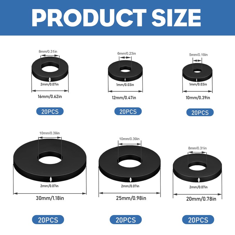 JRYGAC Pack of 120 Rubber Flat Washers, Flat Rubber Seal,