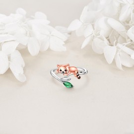 POPLYKE Red Panda Ring Sterling Silver Animal Adjustable Open Rings Red Panda Ring Panda Jewelry for Women Size 7