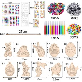 Wooden Easter Pendants for Painting, 291 Pieces Easter Crafts Children, Easter Decoration Crafts Children, Easter Pendant Wood, Craft Set Easter Children, with Watercolour Pen, Rhinestones, Decorative
