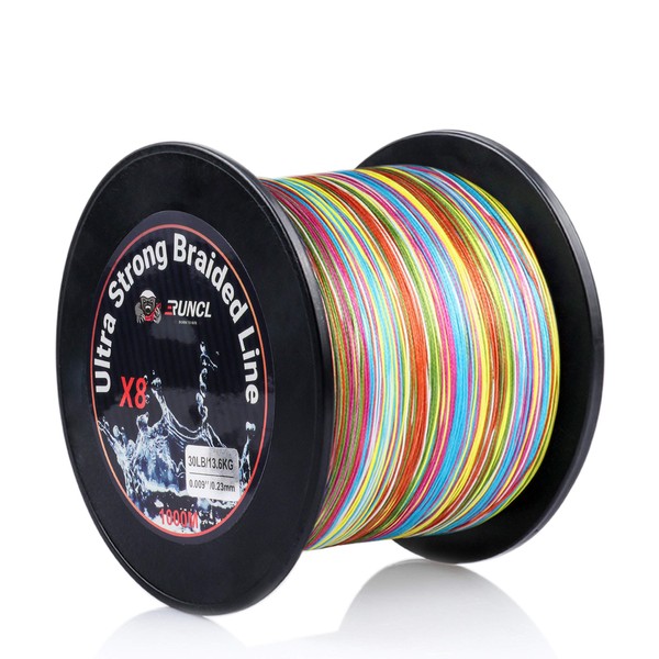 RUNCL Braided Fishing Line, 8 Strand Abrasion Resistant Braided Lines, Zero Stretch, Smaller Diameter, Rainbow Color for Extra Visibility, 328-1093 Yds, 12-105LB