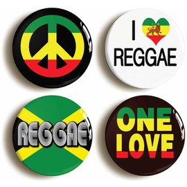 4 x"REGGAE" BADGES PINS BUTTONS (1inch/25mm diameter) RASTAFARIAN JAMAICA