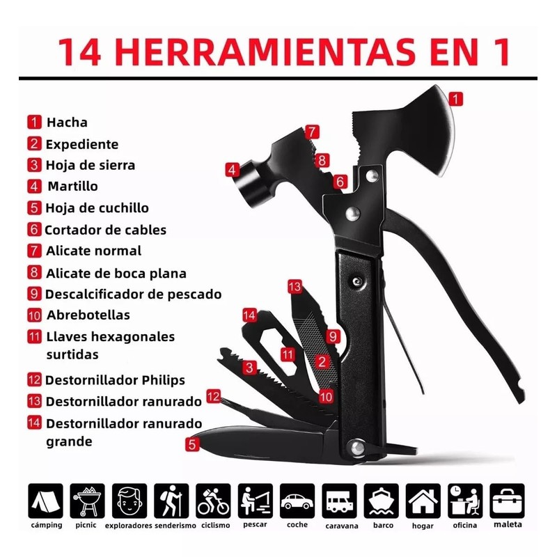 Martillo Multiherramienta, 14 En 1 Herramientas Multiuso De Acero Inoxidable