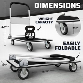 Heavy Duty Foldable Push Cart Dolly | 330 lbs. Capacity | Upgraded Collapsible Hand Truck Folding Platform with Swivel Wheels | Flat Bed Moving Wagon | Space Saving Push Handle (White)