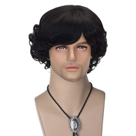 FATMAUI Short Black Curly Mens 70s 80s Wig Mustach with Bolo Tie Costume Wig