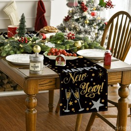 Artoid Mode Cheers Black and Gold 2025 Happy New Year Table Runner, Xmas Winter Holiday Kitchen Dining Table Decoration for Indoor Outdoor Home Party Decor 13 x 36 Inch
