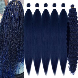 Dark Blue Braiding Hair Pre Stretched With Blue Boho Deep Water Wave Curly Crochet Hair For Black Women Boho Curls Braids 6 Packs Synthetic Knotless Colored Boho Wavy Curly Braiding Hair Extensions