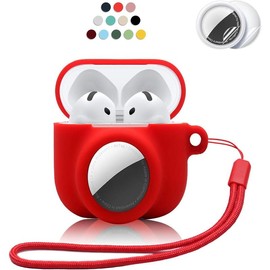 2 in 1 Silicone Case Compatible with AirPod 4 and AirTag,Anti-Scratch Anti-Lost Protective Skin Cover for AirPods 4th Generation with 2 PCS TPU Screen Protector&Lanyard - Color: Red