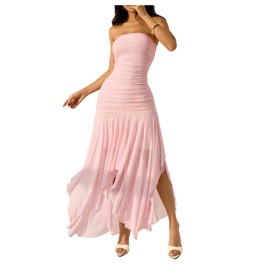 Milumia Women's Summer Maxi Tube Dress Strapless Asymmetrical Hem Long Going Out Casual Elegant Party Dresses Pink Petite L
