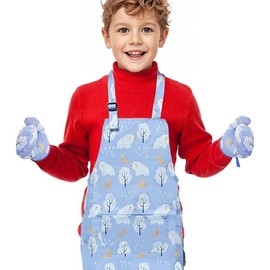 Voarge Children's Cooking Apron Set, Adjustable Apron Children for Kitchen, Cooking, Baking, Painting Party, Children's Apron for 6-9 Years, Boys and Girls, Polar Bear, M