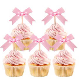24Pcs Bow Cupcake Toppers Pink Bow Birthday Decorations for Coquette Bridal Baby Shower Wedding Themed Party Decorations Supplies (Pink)