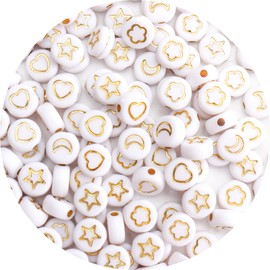 Siomia 100Pcs Letter Beads 4x7mm White Round Acrylic Gold Alphabet Beads Letter Heart Star Flower Moon Beads for Jewelry Making DIY Bracelets Necklaces Key Chains