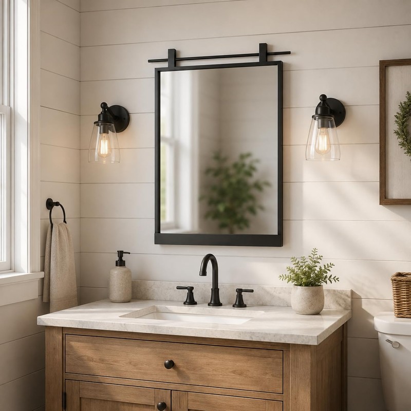 Black Farmhouse Bathroom Mirror - 16" x 24" Wall Mounted