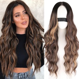 NOSTALGIA Brown Wigs for Women Brown with Blonde Highlight Lace Hairline Wig Middle Part Synthetic Heat Resistant Wig for Daily Party-26 Inch