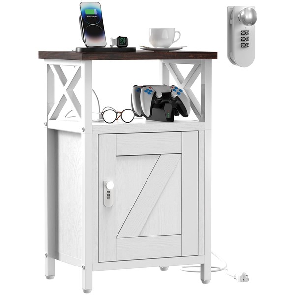 runjuly Wooden Nightstand with Lock, Bed Side Table with Drawers,