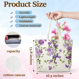 TCHOND Purple Butterfly Canvas Tote Bag, Purple Flowers Aesthetic Shopping Grocery Bag, Beach Bag Gifts For Women Butterfly Lovers Friends Family, Spring Summer Party Reusable Shopping Bag, 16