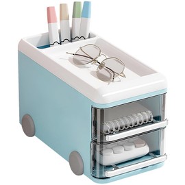 LETURE Cute Desk Organizer with drawers, Plastic Desktop Storage for Business Card/Pen/Pencil/Mobile Phone/Stationery Holder Box, Desktop Organizer for Office School Home (Blue)