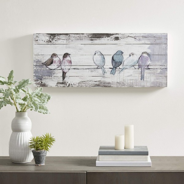 Madison Park Perched Birds Wall Art Living Room Décor - Hand Painted Wood Plank, Home Accent Farmhouse Bathroom Decoration White/Grey,30"W x 12"H x 1.5"D