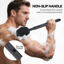 HAYSNA 21 Inches Silicone Back Scrubber for Shower - Extendable Long Handle Shower Brush with Stiff and Soft Bristles - Exfoliating and Massage - Back Brush for Shower Men & Women (Black)