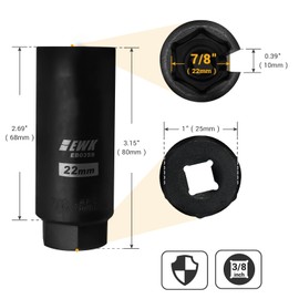 EWK 7/8" (22mm) Oxygen Sensor Socket, 3/8" Drive O2 Sensor Removal Tool with Wire Gate, 6-Point