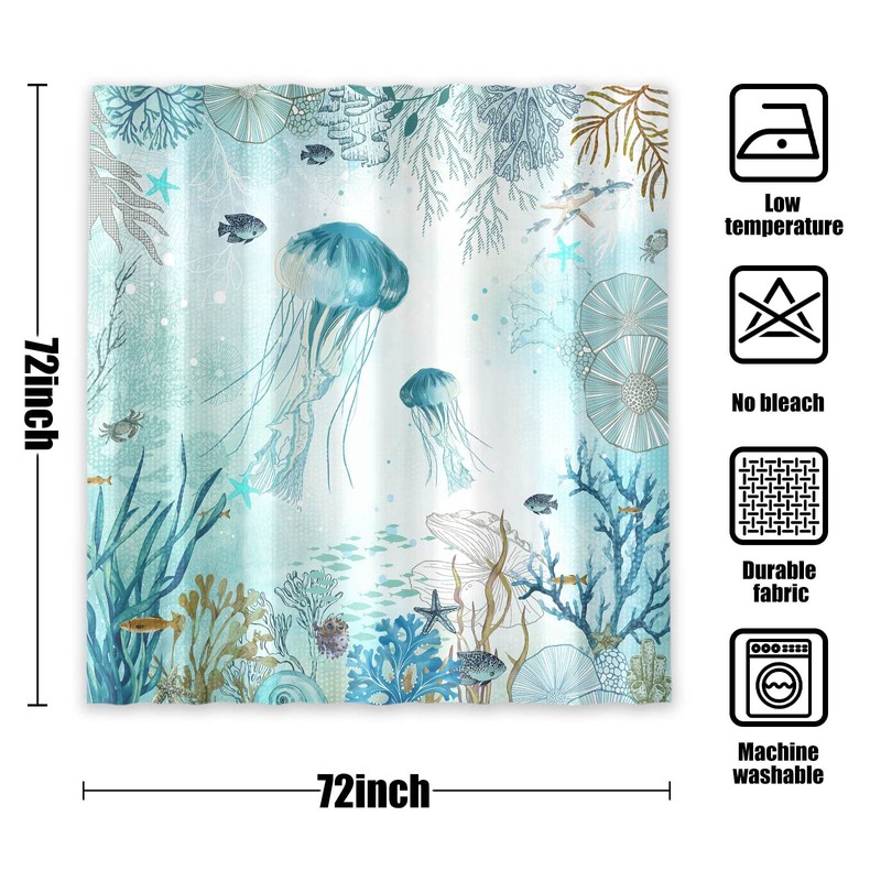 Neasow Nautical Shower Curtain, Teal Jellyfish Beach Shell Sea Life