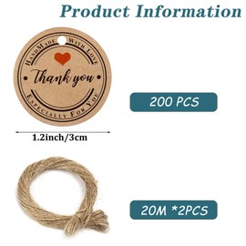 200 Stück Dankeschön-Geschenkanhänger, mit Liebe, Kraftpapier, Geschenkanhänger mit Schnüren, zum Aufhängen, Hochzeitsetiketten für Hochzeitsgeschenke (rund)