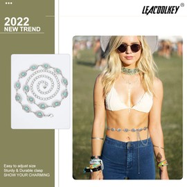 LEACOOLKEY Womens Western Boho Chain Belt for Jeans Dress Turquoise Concho Cowgirl Belt Country Vintage Adjustable Metal Chain Belt,silver