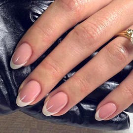 Almond Press on Nails Short Fake Nails White French Tip Nails Press ons Glossy Glue on Nails Pink Full Cover Acrylic False Nails Artificial Stick on Nails for Women Girls 24Pcs