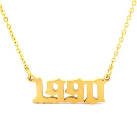 HUTINICE Birth Year Necklace for Women and Girl, Old English Silver Pendant Birthday Gift 18 inch Gold Chain