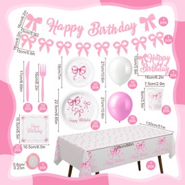 Pink Bow Birthday Party Supplies Coquette Birthday Decorations, Bow Happy Birthday Garland Banner Pink Bow Plates Napkins Cups Tablecloth Balloons Serves 20 for Bow Theme Birthday Party