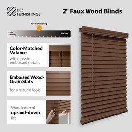 DEZ FURNISHINGS Cordless 2" Faux Wood Blind, 35" W x 48" H, Dark Oak