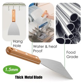 Leonyo Grill Griddle Scraper Set of 2, Stainless Steel Metal Grill Scraper Tool for Flat Top Teppanyaki BBQ, Versatile Scraper for Dough Pancake Pizza Home Baking Cooking, Slant Edge & Wooden Handle