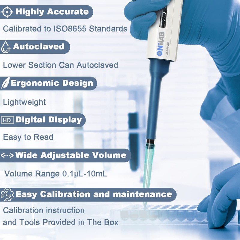 ONiLAB 0.5-10μl Single-Chanenel Pipettor Ergonomic Design Adjustable Micro Pipette, Autoclavable,