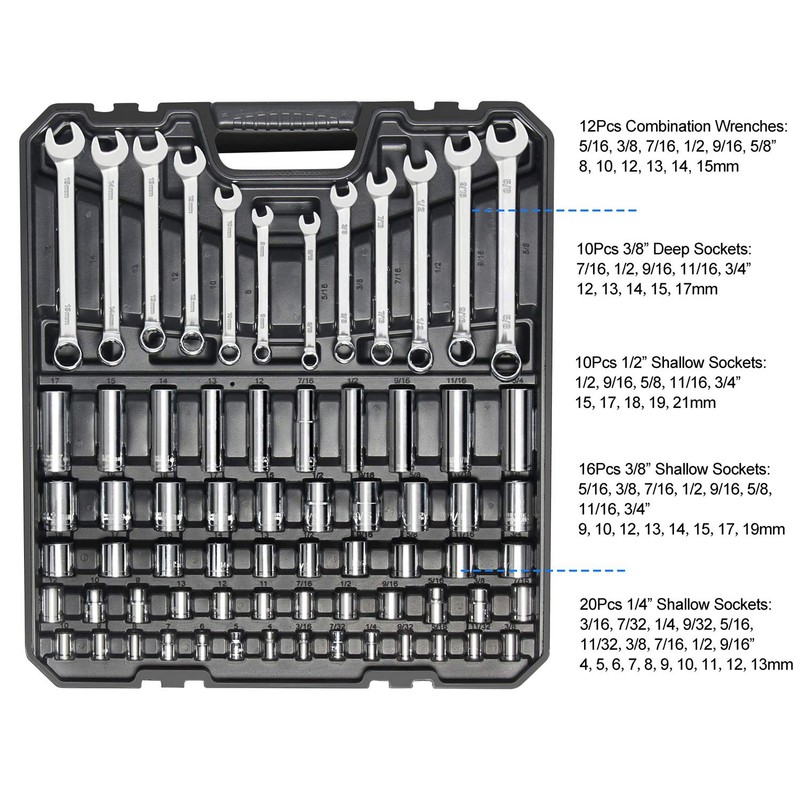 Prostormer 228-Piece Mechanics Tool Set, General Purpose Mixed Sockets and