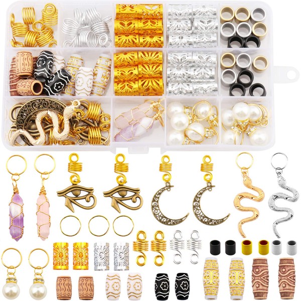 Messen Pack of 121 Hair Accessories for Braids Loc Jewellery Hair Jewellery for Braids Loc Crystal Pendant Dread Lock Adjustable Cuffs Rings Clips Beads Wooden Beads Egypt Moon Snake The Eye of Horus