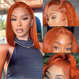 Datanala Ginger Straight Human Hair Bob Wig Orange Color 13X4 Lace Front Wigs 150% Density 350# Lace Frontal Bob Wig Short Straight Human Hair Bob Wigs for Women (14Inch, 350# bob wig)