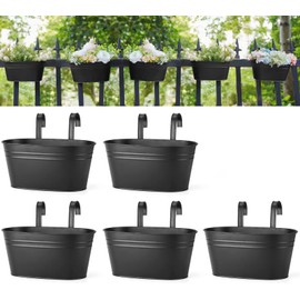 Dahey 10.5 Inch Metal Iron Hanging Flower Pots for Railing Fence Hanging Bucket Pots Countryside Style Window Flower Plant Holder with Detachable Hooks Home Decor,Black,5 Pcs