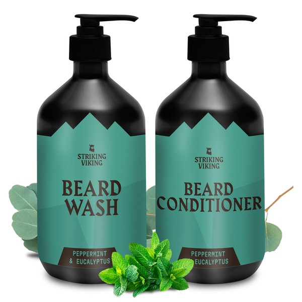 Beard Wash and Beard Conditioner Set (20 oz) Peppermint & Eucalyptus Scent - Paraben & Sulfate Free Beard Shampoo and Conditioner for Men - Deep Cleansing Organic Beard Wash set for Beard Care