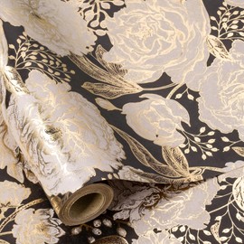 RUSPEPA Black Floral Wrapping Paper Roll for Women, 17 in x 16.4 ft, Mini Roll, Gothic Gift Paper, Gold Foil Flower Kraft Wrapping Paper for Birthday, Anniversaries, Wedding and Bridal Shower